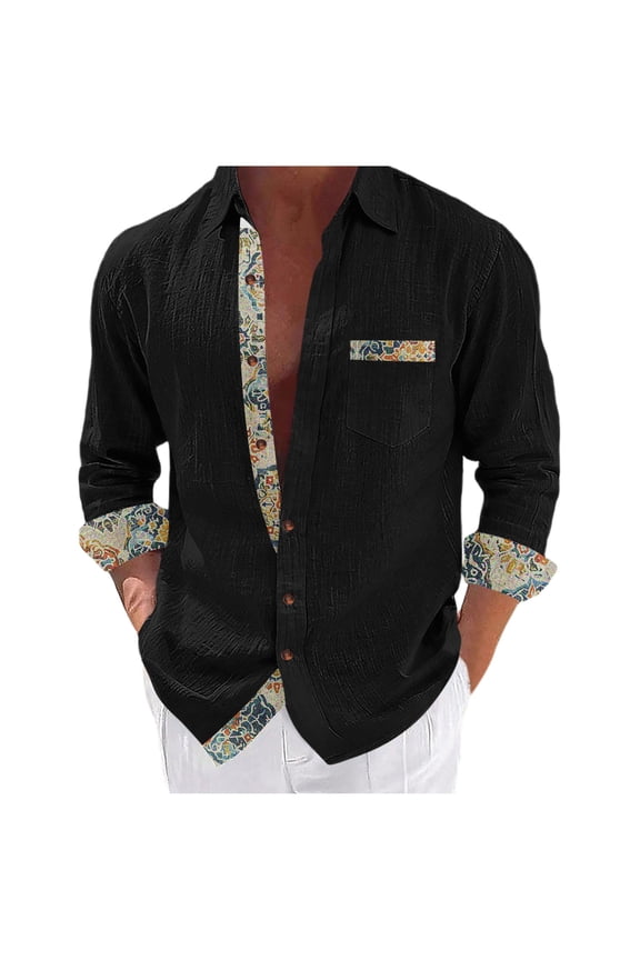 Men's Hawaiian Shirt Linen Long Sleeve Regular Fit Collar Button Down Shirt Casual Print Shirts with Pocket Black XXL