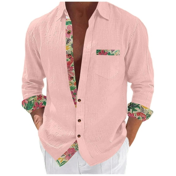 USNSM Men's Hawaiian Shirt Linen Long Sleeve Regular Fit Collar Button Down Shirt Casual Print Shirts with Pocket Pink S