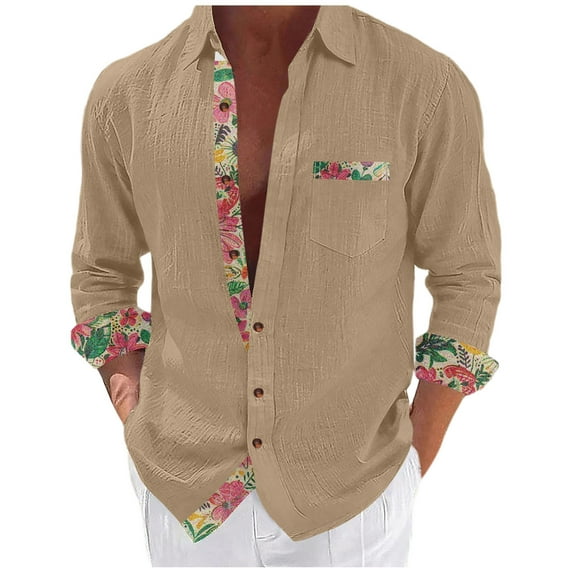 USNSM Men's Hawaiian Shirt Linen Long Sleeve Regular Fit Collar Button Down Shirt Casual Print Shirts with Pocket Yellow XXL