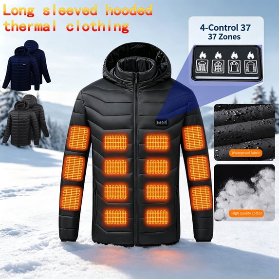 USNSM Men's Heated Cotton Jacket 37 Heating Zones Hooded Coat Long ...