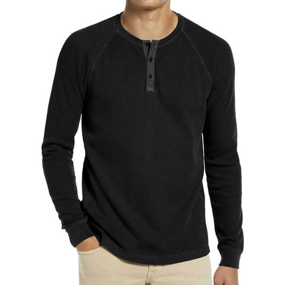 USNSM Men's Henley Shirt Casual Fashion Waffle Knitted Slim Fit Raglan T-Shirt Crew Neck 3 Buttons Long Sleeve Pullover Black 2XL