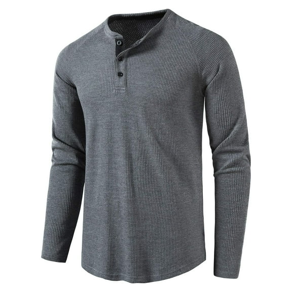 USNSM Men's Henley Shirt Casual Waffle Slim Fit T-Shirt Round Neck 3 Buttons Long Sleeve Pullover Tops Gray L