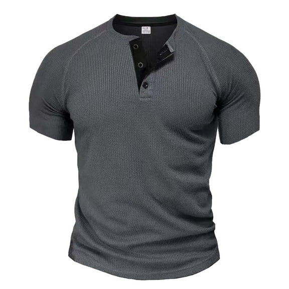 USNSM Men's Henley Shirts Quick Dry Lightweight Breathable Short Sleeve Fitted Cotton Muscle T-Shirt with Button Gray M