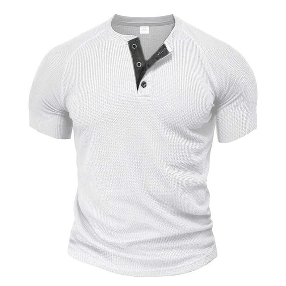 USNSM Men's Henley Shirts Quick Dry Lightweight Breathable Short Sleeve Fitted Cotton Muscle T-Shirt with Button White M