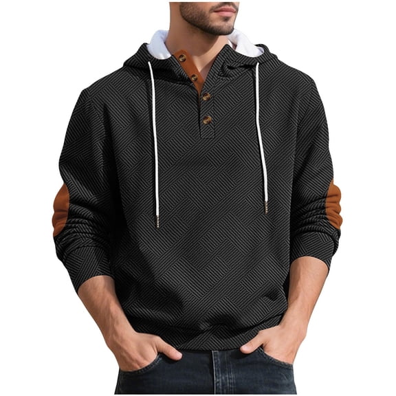 USNSM Men's Hooded Sweatshirt Long Sleeve Drawstring Pullover Hoodies Half Button Contrast Color Lightweight Casual Shirt Top Black M