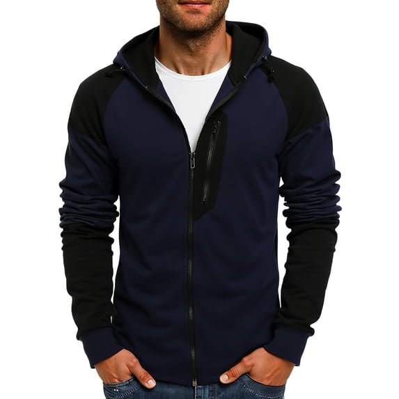 USNSM Men's Hoodies Lightweight Fleece Lined Sweatshirt Long Sleeve Sportwear Casual Patchwork Track Jackets Pockets Blue M