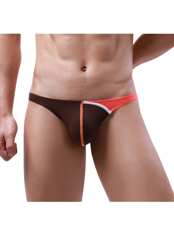 Men's Ice Silk Bikini Low Rise Breathable Soft Briefs Underwear Solid Patchwork Triangular Underwear Coffee M