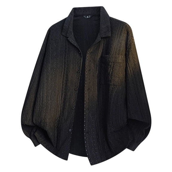 USNSM Men's Jacquard Textured Button Down Shirt Casual Fashion Solid Color Long Sleeved Turndown Collar Shirts with Pocket Black M