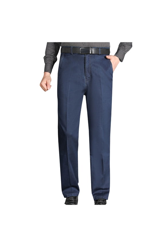 Men's Jeans Casual Thin High-Stretchy Flat Front Denim Pants Button Zipper Straight Leg Full Length Trousers with Pockets Blue L