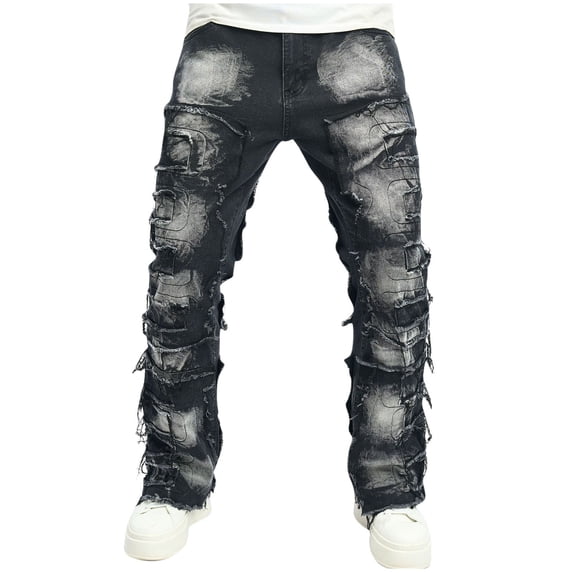 USNSM Men's Jeans Trendy Casual Slim Fit Ripped Denim Pants Straight Leg Full Length Trousers with Pockets Black S