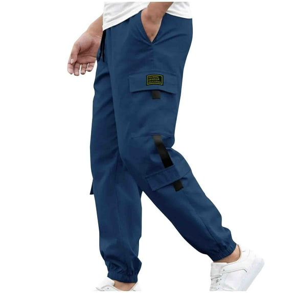 USNSM Men's Joggers Casual Multi Pockets Outdoor Cargo Pants Drawstring Elastic Waistband Tapered Trousers for Hiking Blue 3XL