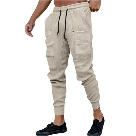 USNSM Men's Joggers Casual Pants Stretch Elastic Waist Drawstring Tapered Pants with Pocket Outdoor Solid Loose Comfy Trouser Khaki M