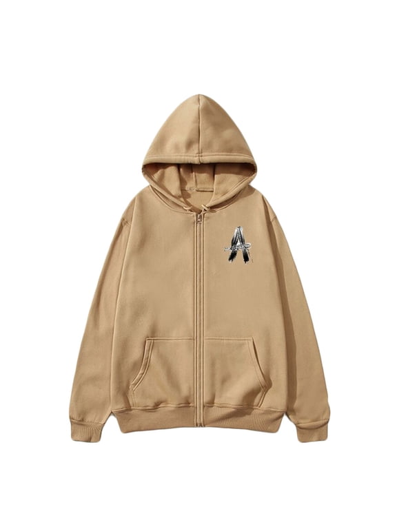 Men's Letter Printed Long Sleeve Zipper Cardigan Jacket Loose Lightweight Comfortable Hooded Pockets Casual Jacket Yellow M