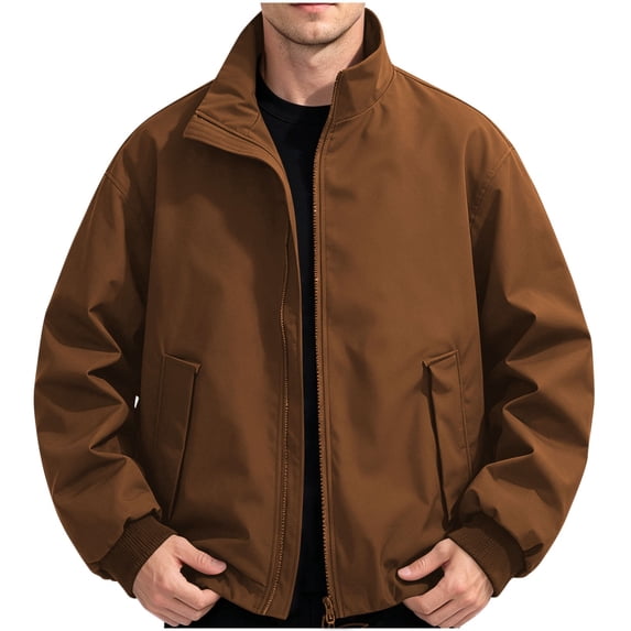 USNSM Men's Lightweight Bomber Jacket Solid Color Classic Baseball Collar Full Zip Up Jacket Causal Windbreaker Jackets for Men Brown XL