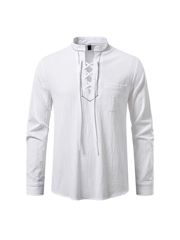 Men's Linen Cotton Retro Lace Up Shirt Long Sleeve Stand Up Collar Drawstring Top Casual Pullover Henley Shirt White L