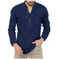 thumbnail image 1 of USNSM Men's Linen Henley Shirts Long Sleeve Collarless T-Shirts Solid Color Casual Fashion Beach Shirts with Pocket Blue L, 1 of 9