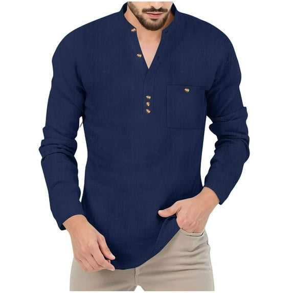 USNSM Men's Linen Henley Shirts Long Sleeve Collarless T-Shirts Solid Color Casual Fashion Beach Shirts with Pocket Blue L
