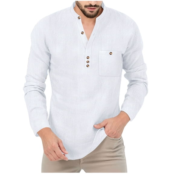 USNSM Men's Linen Henley Shirts Long Sleeve Collarless T-Shirts Solid Color Casual Fashion Beach Shirts with Pocket White L