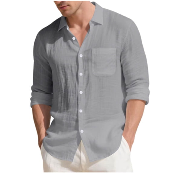 USNSM Men's Linen Shirts Casual Button Down Long Sleeve Shirt Solid Spread Collar Summer Beach Shirts with Pocket Gray XXXL