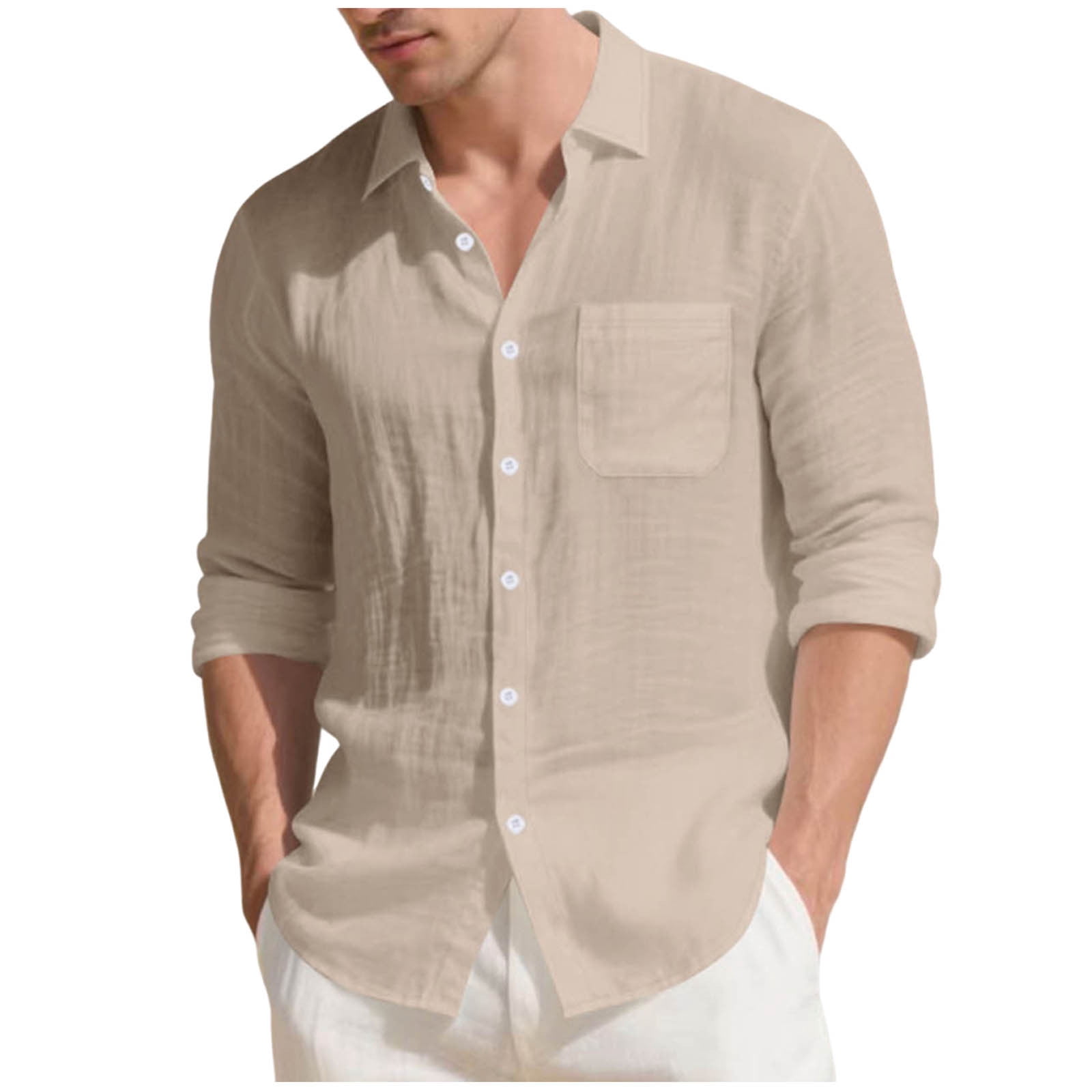 USNSM Men's Linen Shirts Casual Button Down Long Sleeve Shirt Solid Spread Collar Summer Beach Shirts with Pocket Yellow S
