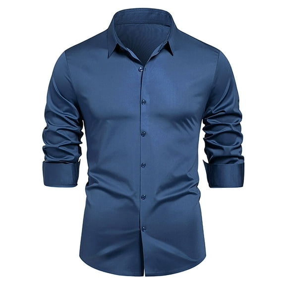 USNSM Men's Long Sleeve Button Up Shirts Solid Color Slim Fit Wrinkle Free Dress Shirts Casual Business Formal Dress Shirt Blue L