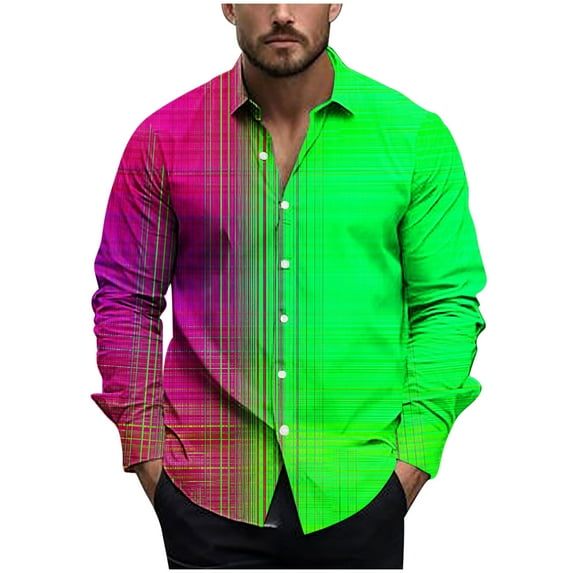 USNSM Men's Long Sleeve Dress Shirts Color Block Print Wrinkle-Free Casual Button Down Shirt Party Disco Formal Shirt Tops Green XL