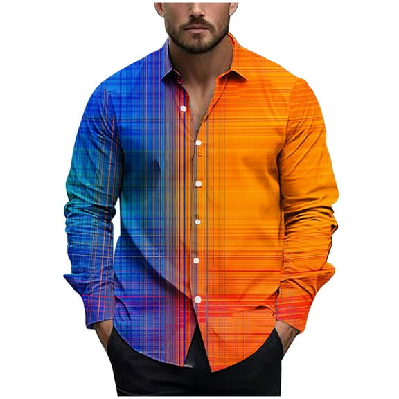USNSM Men's Long Sleeve Dress Shirts Color Block Print Wrinkle-Free Casual Button Down Shirt Party Disco Formal Shirt Tops Orange XL