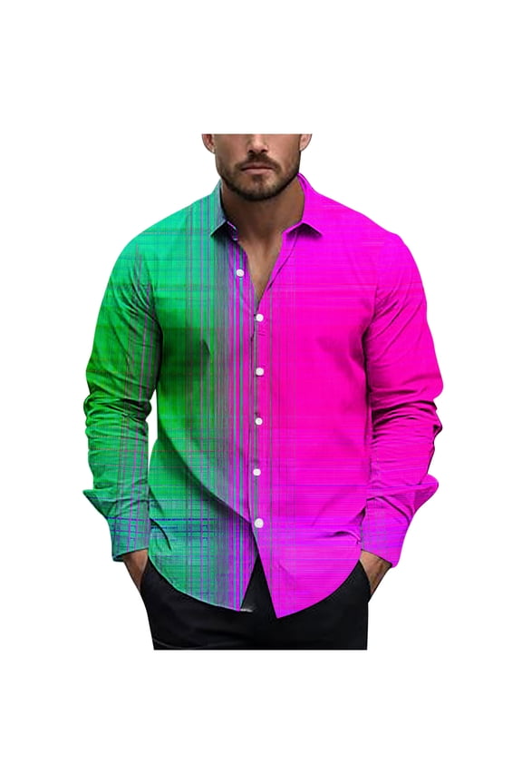 Men's Long Sleeve Dress Shirts Color Block Print Wrinkle-Free Casual Button Down Shirt Party Disco Formal Shirt Tops Pink L