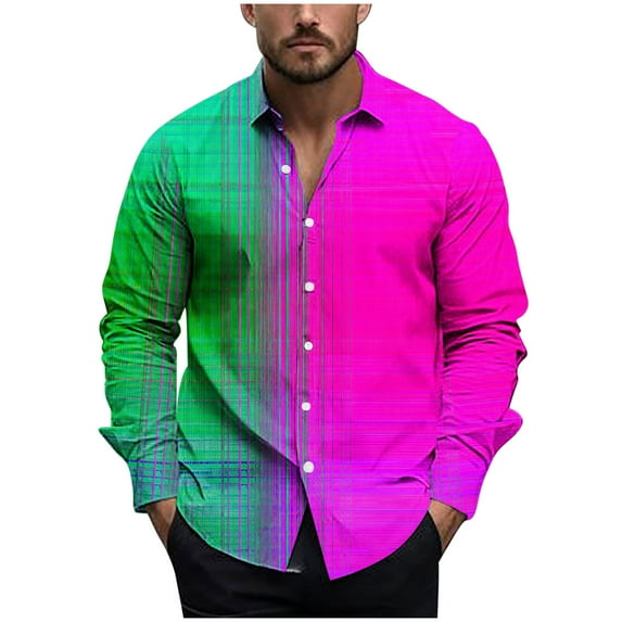 USNSM Men's Long Sleeve Dress Shirts Color Block Print Wrinkle-Free Casual Button Down Shirt Party Disco Formal Shirt Tops Pink M
