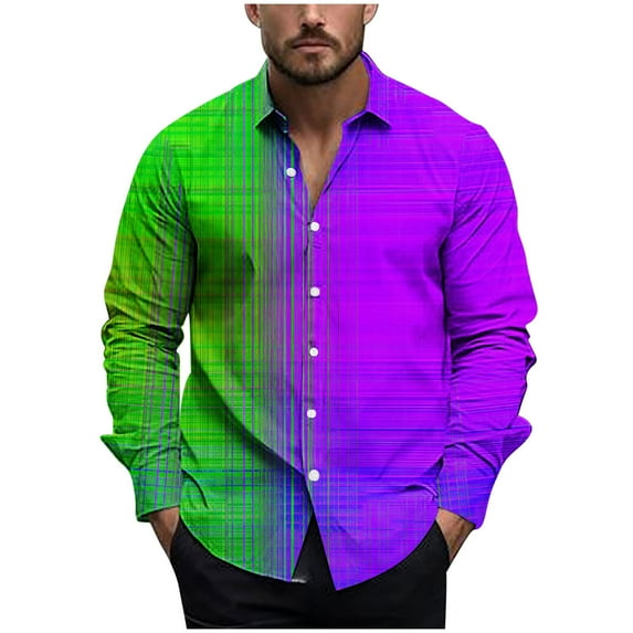 USNSM Men's Long Sleeve Dress Shirts Color Block Print Wrinkle-Free Casual Button Down Shirt Party Disco Formal Shirt Tops Purple XXL