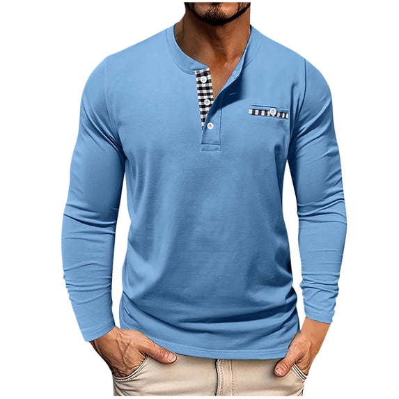 USNSM Men's Long Sleeve Henley Shirts Cotton 3-Button Checkered Color Blocked Casual T-Shirts Soft Basic Tops Blue S