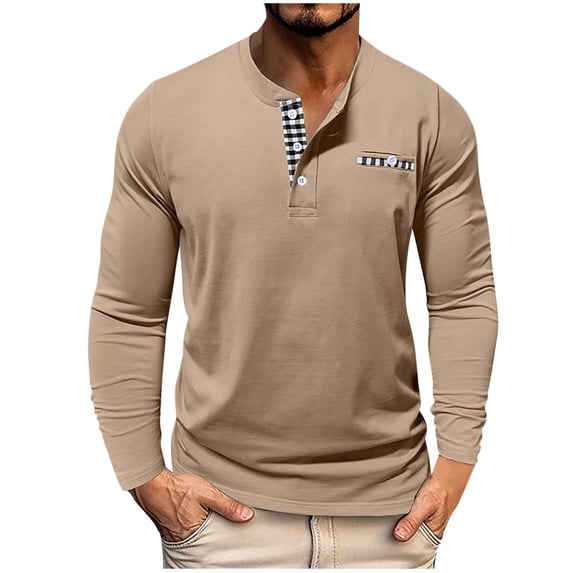 USNSM Men's Long Sleeve Henley Shirts Cotton 3-Button Checkered Color Blocked Casual T-Shirts Soft Basic Tops Yellow S