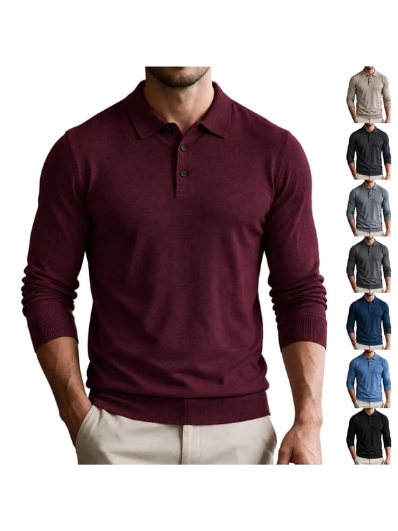 Men's Long Sleeve Lapel Sweater Knit Button Placket Drop Shoulder Collared Solid Soft Fall Winter Base Layer Top Red S