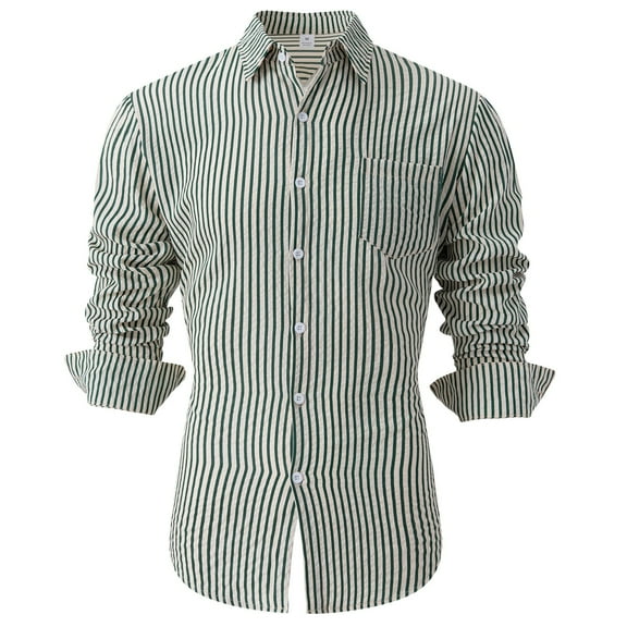 USNSM Men's Long Sleeve Shirt Casual Slim Fit Striped Jacquard Shirt Turndown Collar Button up Long Sleeve Tops with Chest Pocket Army Green M