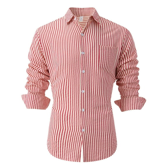 USNSM Men's Long Sleeve Shirt Casual Slim Fit Striped Jacquard Shirt Turndown Collar Button up Long Sleeve Tops with Chest Pocket Red L