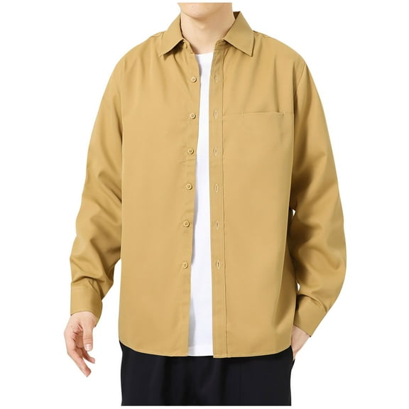 USNSM Men's Long Sleeve Shirt Plus Size Solid Color Cardigan Tops Lapel Button up Casual Work Shirt Khaki L
