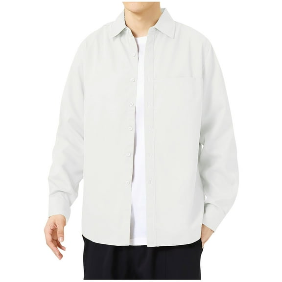 USNSM Men's Long Sleeve Shirt Plus Size Solid Color Cardigan Tops Lapel Button up Casual Work Shirt White L