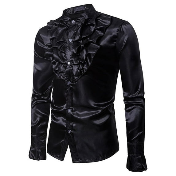 USNSM Men's Long Sleeve Shirt Vintage 90s Stain Silk Ruffle-Chest Dress Shirt Casual Party Prom Stand Collar Button-down Tops Black S