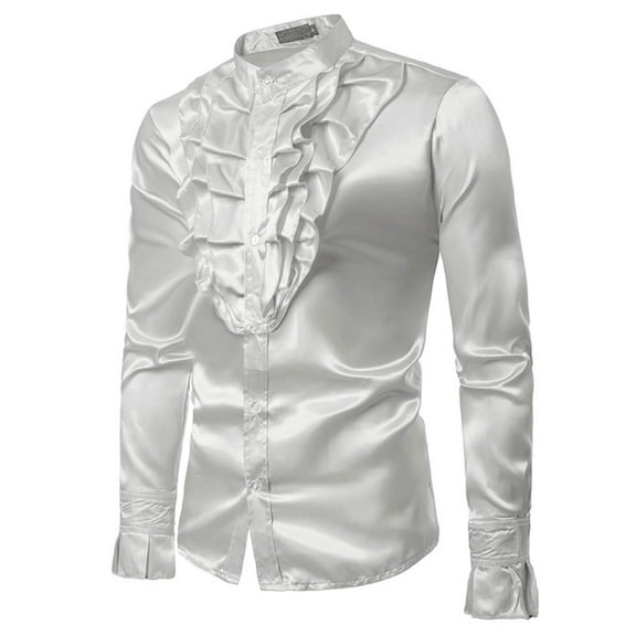 USNSM Men's Long Sleeve Shirt Vintage 90s Stain Silk Ruffle-Chest Dress Shirt Casual Party Prom Stand Collar Button-down Tops White XL