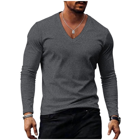 USNSM Men's Long Sleeve Shirts V Neck Casual Shirt Cotton Solid Basic Spring Tops Lightweight Breathable Workout Tee Shirts Gray L