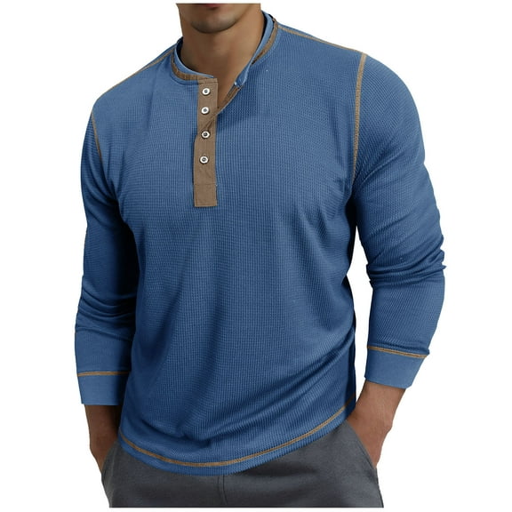 USNSM Men's Long Sleeve T-Shirt Casual Basic Henley Shirts Button Collarless Lightweight Pullover Tops Raglan Sleeve Blue XXL