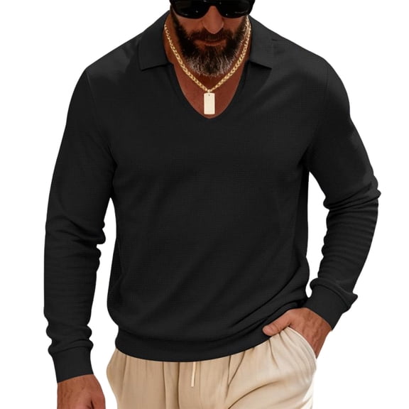 USNSM Men's Long Sleeve Waffle Textured Pullover Sweatshirts Lapel Collar Casual Loose Fit V-Neck Shirts Solid Basic Tops Black L
