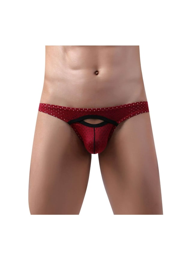 Men's Low Waist Cool Hip Bikini Briefs Sexy Transparent Underwear G-String Breathable Ice Silk Thong Wine XXL