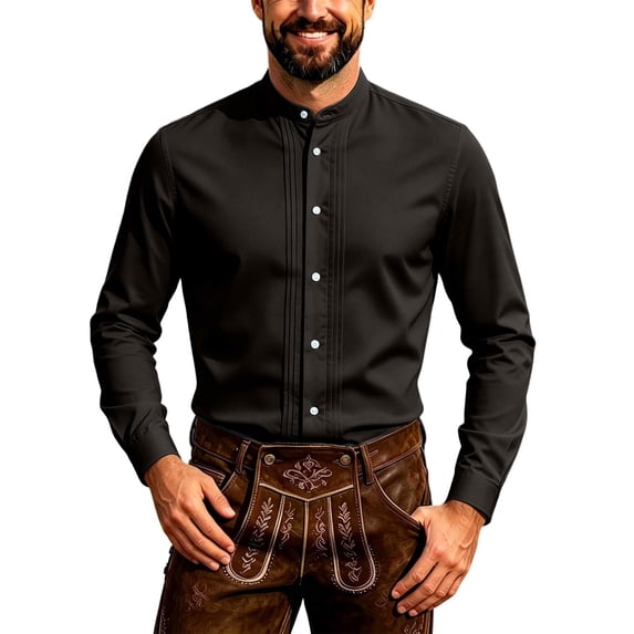 USNSM Men's Mandarin Collar Dress Shirt Long Sleeve Button Down Pleated Regular Fit for Work Office Wedding Dinner Events Black L