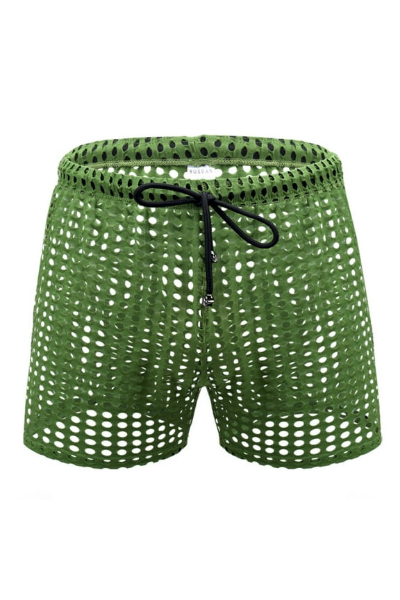 Men's Mesh Fishnet See Through Pants Summer Hollow Openwork Drawstring Lounge Short Soft Comfortable Breathable Pajamas Bottoms Green XL