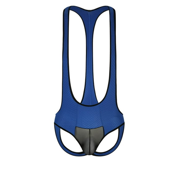 USNSM Men's Mesh One Piece Leotard Bodysuit Thong Stretch Wrestling Singlet Jumpsuit G-String Jockstrap Blue L