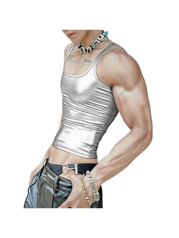 Men's Metallic Glossy High Elasticity Close-Fitting Spaghetti Strap Undershirt Sleeveless Vest Club Lingerie Top Silver XL