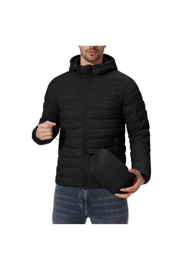 Men's Packable Outdoor Down Jackets Hooded Jacket Waterproof Puffer Jacket with Pockets Winter Warm Long Sleeve Parkas Black XL