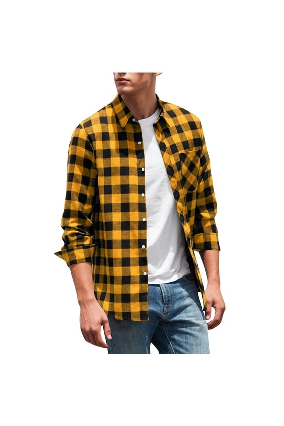 Men's Plaid Flannel Shirt Long Sleeve Casual Button Down Shirts Regular Fit Cotton Office Work Tops with Pockets Yellow L