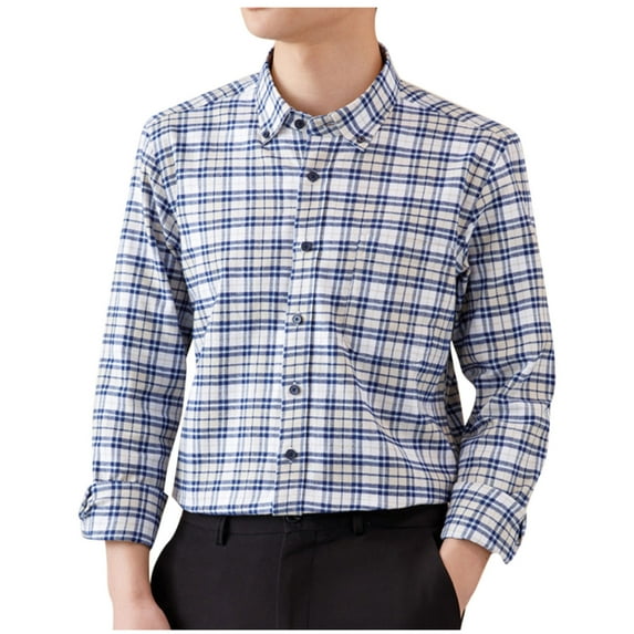 USNSM Men's Plaid Shirt Casual Business Loose Cotton Shirt Turndown Collar Button up Long Sleeve Tops with Pocket Black L